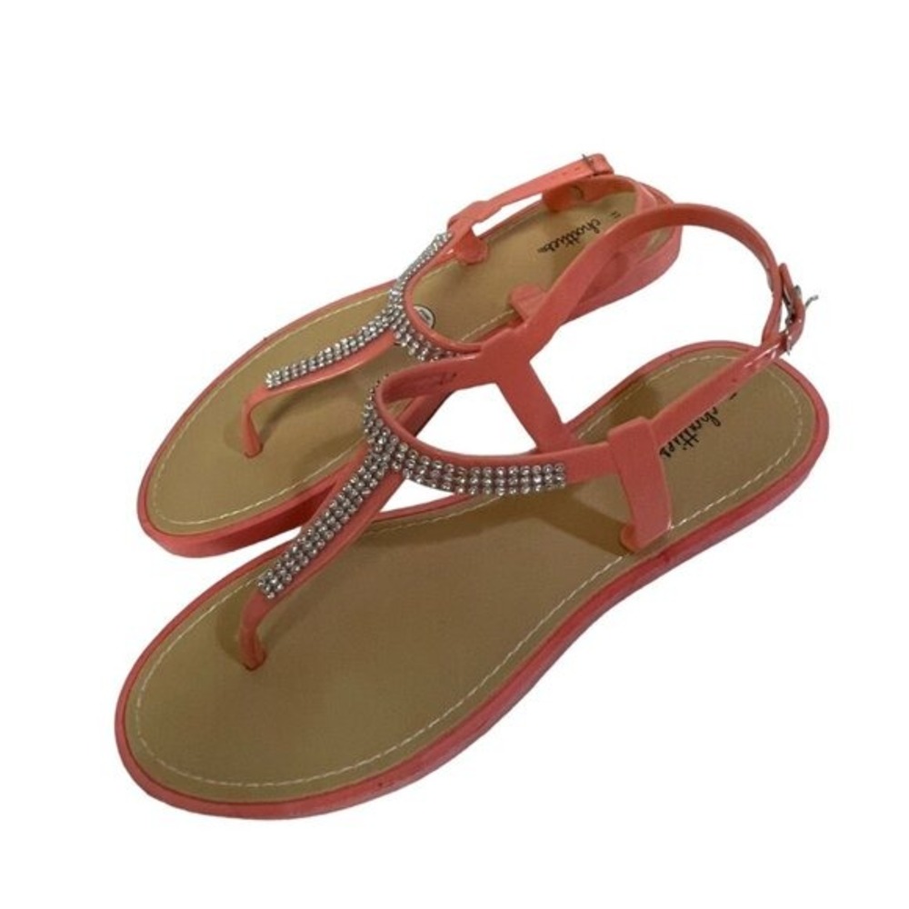 Chatties Jelly Sandals Womens Size 11 Coral Pink Rhinestone T-Strap Buckle Flat